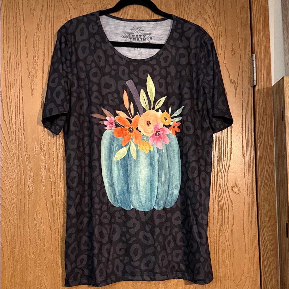 Crazy Train Black Leopard Tee with Blue Pumpkin and Floral Design